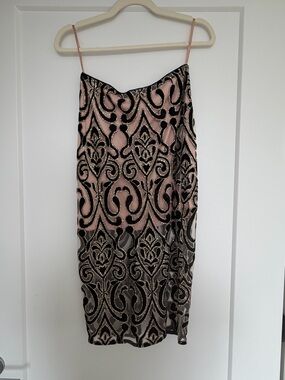 Vintage Nude and sheer with Black and Gold Sequin Overlay pencil skirt